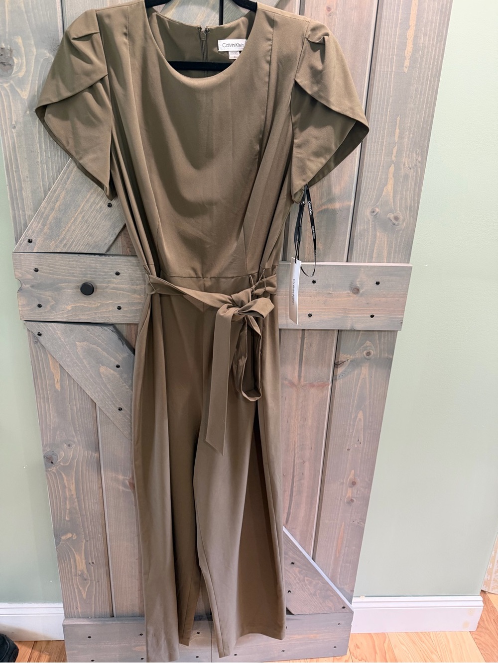 Calvin Klein Olive Green Midi Jumpsuit with Tie Waist, pockets, NWT size 12
